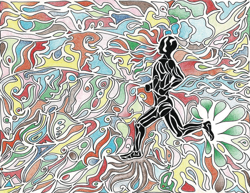 person running through swirling paisley colors